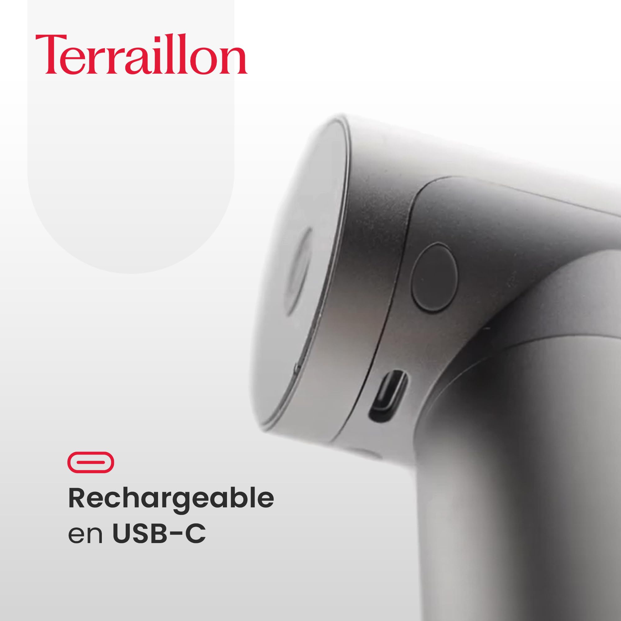 TERRAILLON - MUSCLE MASSAGER Muskelmassagepistole, 3 Geschwindigkeiten 1800-3200 RPM, Entlastet und entspannt die Muskeln, 5 Silikonaufsätze, davon 1 2-stufig beheizbar, USB-C, inkl. Etui