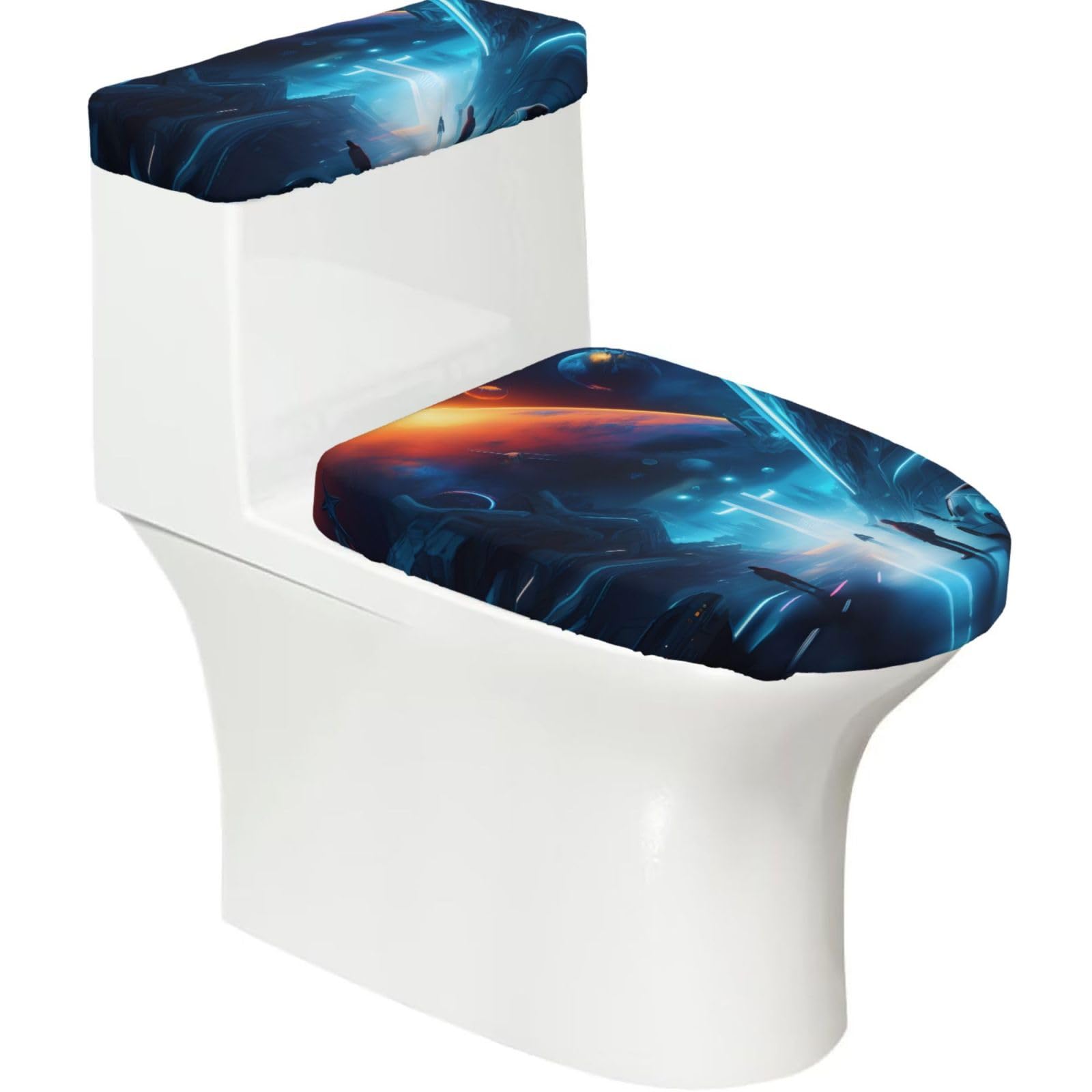 Cntdbu Black Science Fiction Future Elastic Toilet Cover Set Of 2-Stretchy Lid And Tank Covers For Bathroom, Soft Washable U Shape Toilet Decor