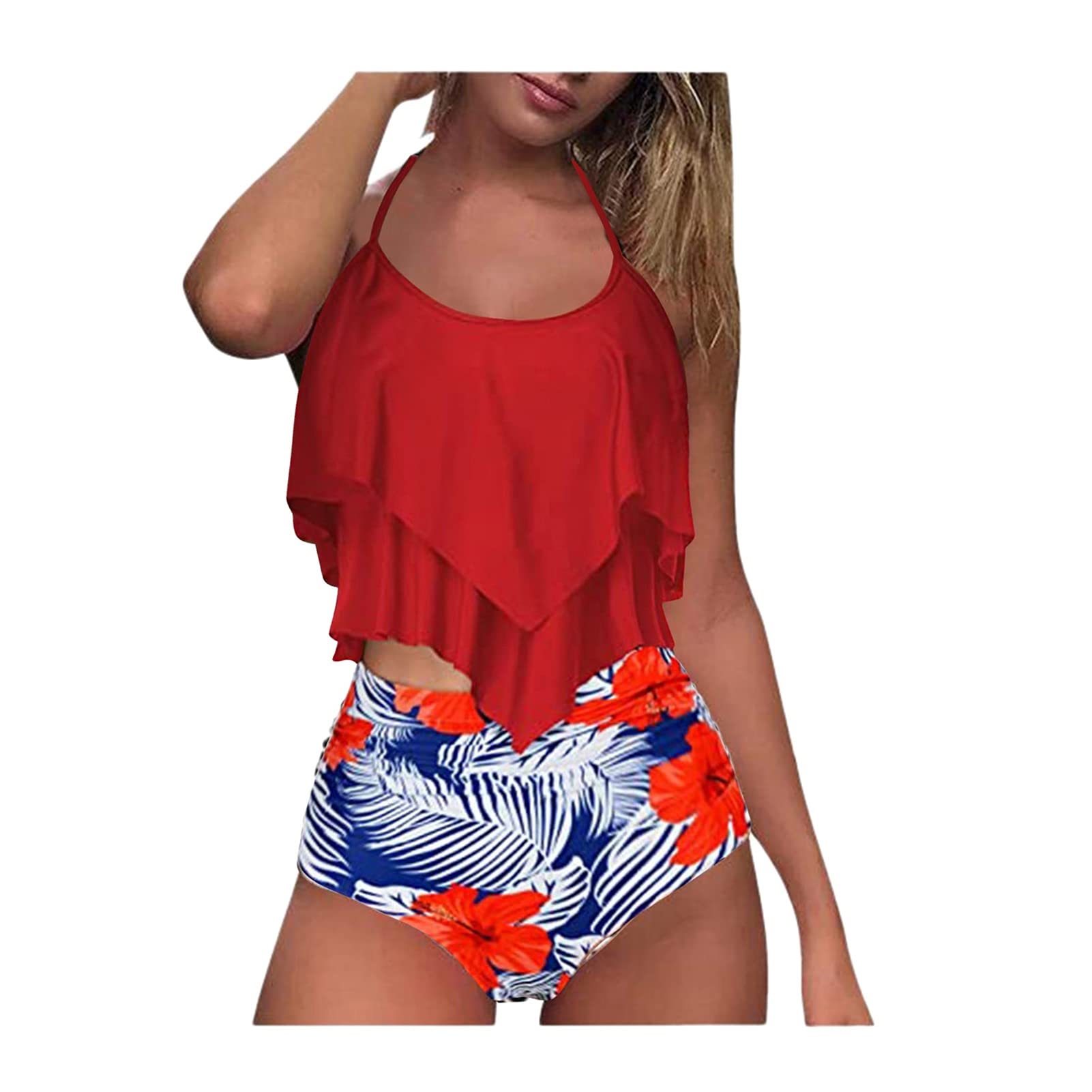 Dwuczęściowy strój kąpielowy damski dwuczęściowy damski kwiatowy bandeau usztywniany biustonosz Ruffles bandażowy zestaw bikini push-up brazylijskie stroje kąpielowe strój kąpielowy strój kąpielowy bikini (biały XXL)