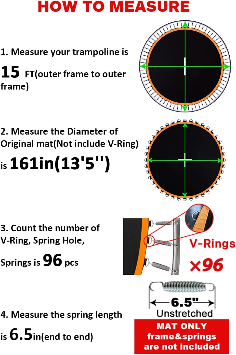 Trampoline Mat, Fits 15 ft Frame Using 96 pcs 6.5 in Spring, Trampoline Replacement Mat for 15 ft Trampoline, Compatible with 96 pcs 6.5 in Spring, Reinforce, UV-Resistant, with Spring Hook and Gloves
