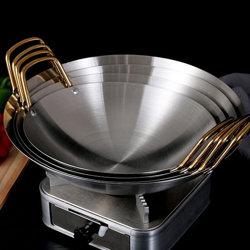 Padella per paella in acciaio inox spesso, forma rotonda, wok in stile cinese per casa, esterno, ristorante, 27,8 x 7,2 cm