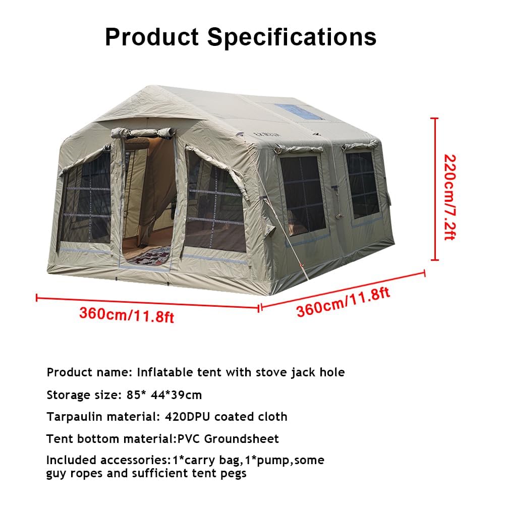 4-sezonowy namiot powietrzny glamping z oddzielną częścią dzienną i sypialną, wodoodporny namiot rozkładany z pompką i otworem na kuchenkę, namiot kempingowy dla 8-10 osób