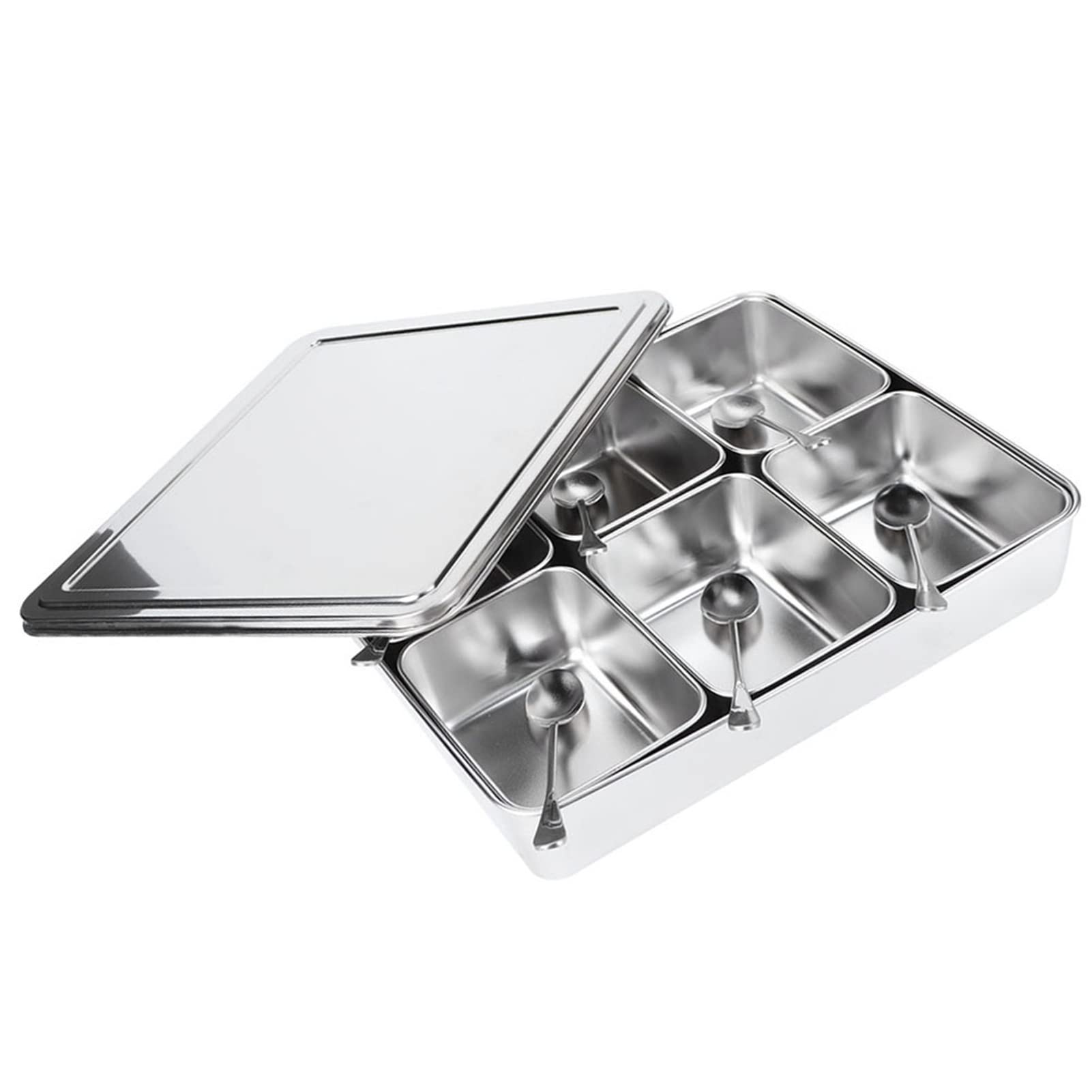 Organizador De Condimentos De Condimento De 6 Cuadrículas, Organizador De Condimentos De Contenedores De Almacenamiento De Jarras De Sal De Acero Inoxidable Con Cucharas Para Cocina, Comedor