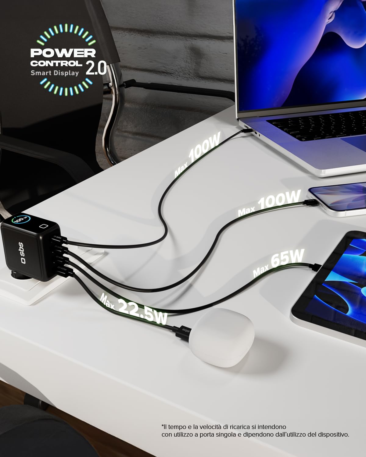 SBS Pulse Power 100W USB-C, Tecnologia GaN, Power Delivery (PD 3.0 PPS) | Smart Display AI, Controllo Touch, AFC, Alimentatore con Ricarica Rapida, Caricatore per Notebook, Tablet, iPhone, Android