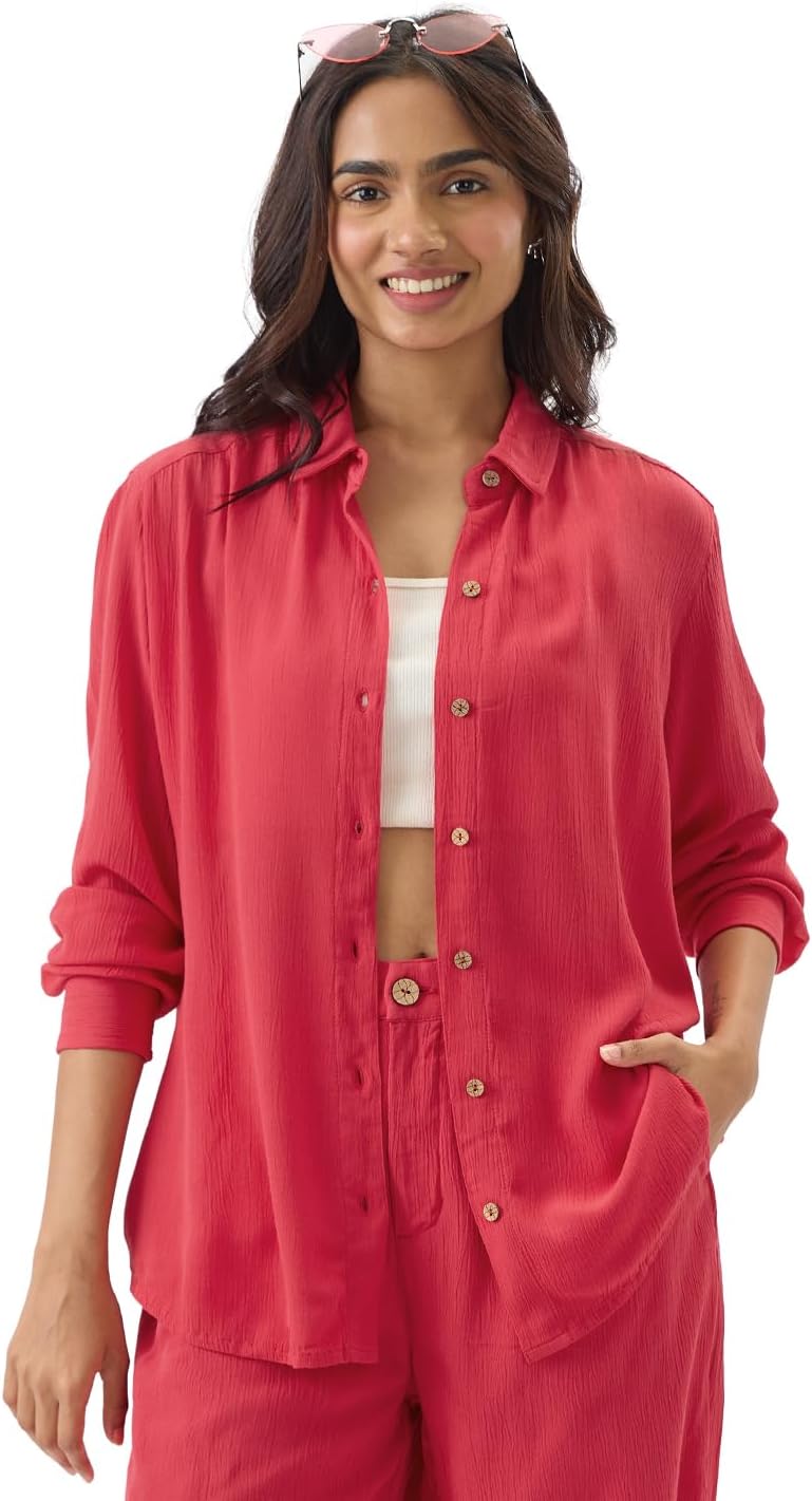 The Souled StoreSolids: Hot Pink Women and Girls Long Sleeve Collared Neck Button Front Viscose Boyfriend Shirts