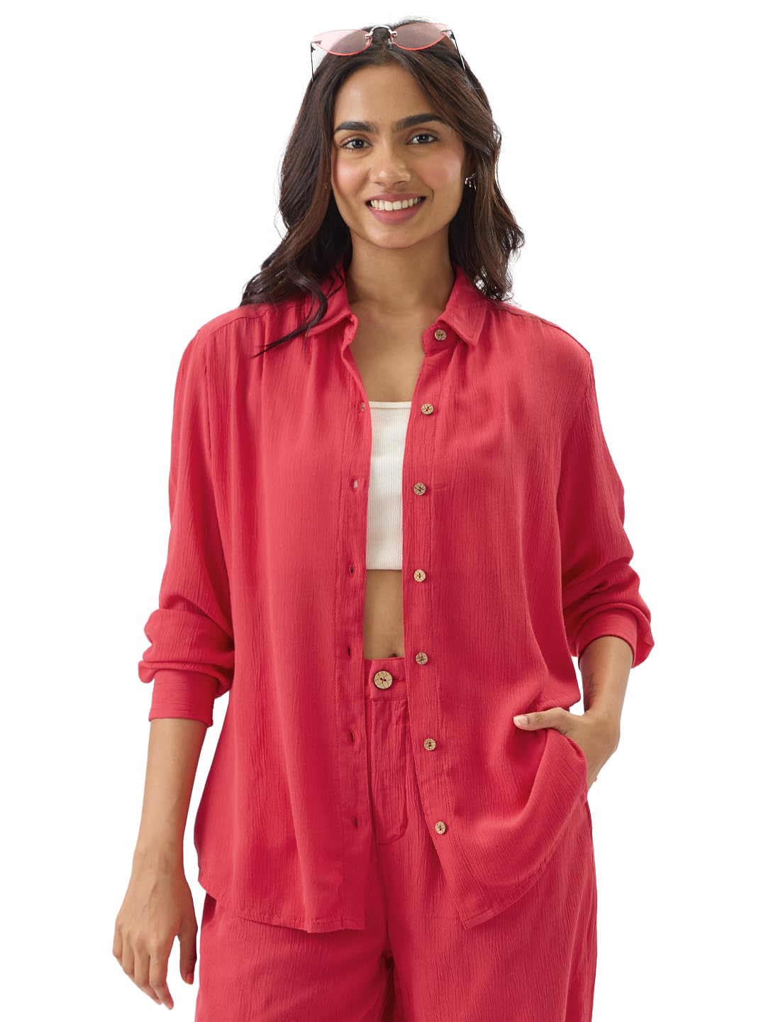The Souled StoreSolids: Hot Pink Women and Girls Long Sleeve Collared Neck Button Front Viscose Boyfriend Shirts