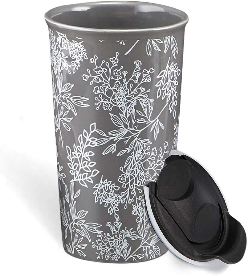 KARALIN Ceramic Travel Coffe Mug with Double Wall Insulated Tumbler,Splash Proof Mug Lid 12 oz (Gray)