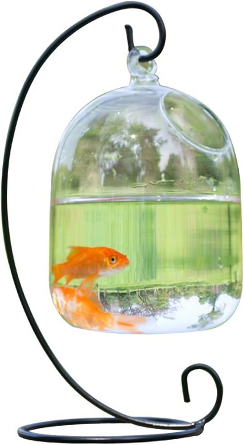Hanging Fish Bowl with Stand, Transparent Mini Fish Tank Bowl, Space-Saving Impermeable Construction Glass Vase Aquarium for Home, Office Accessory, Wall