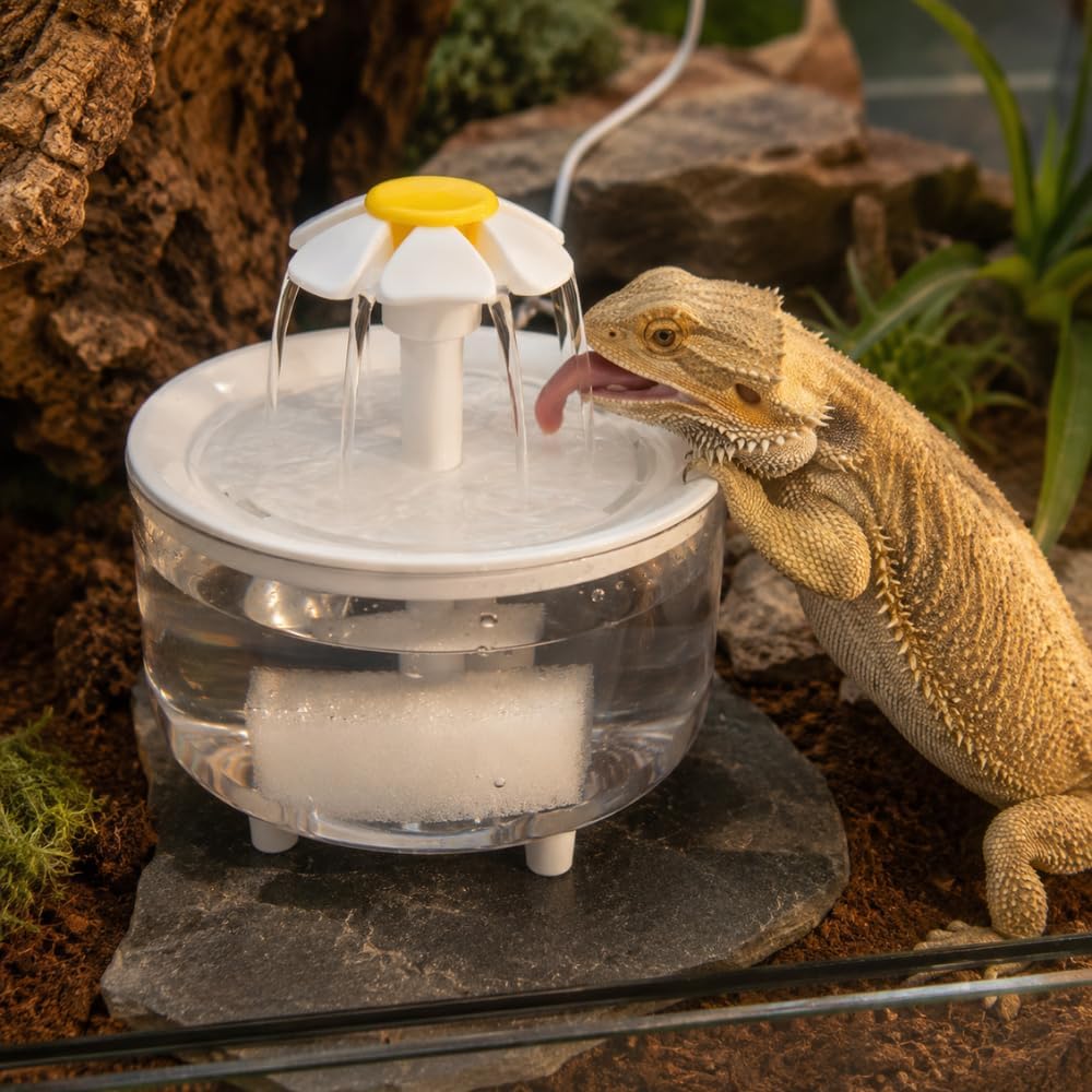 Bearded Dragon Water Fountain, 1000mL Reptile Water Fountain with Adjustable Flow and Automatic Low-Water Shutoff, 5V USB Terrarium Waterfall for Lizards and Small Reptiles