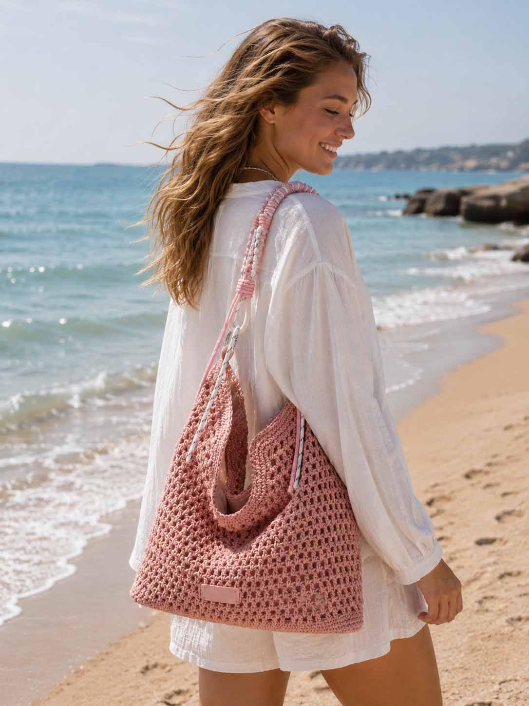 Damen Tasche Hobo-Bag Häkeltasche Umhängetasche Boho Shopper Strand Häkelmuster Schultertasche Geflecht Retro Strohtasche