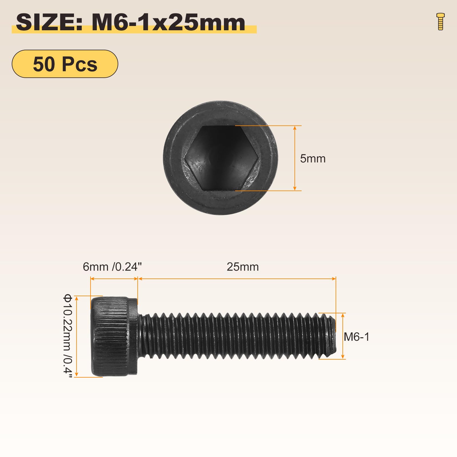 METALLIXITY Socket Head Cap Screws(M6-1x25mm)50Pcs, Carbon Steel Allen Socket Drive DIN912/ISO4762 Metric Oxide - Image 2