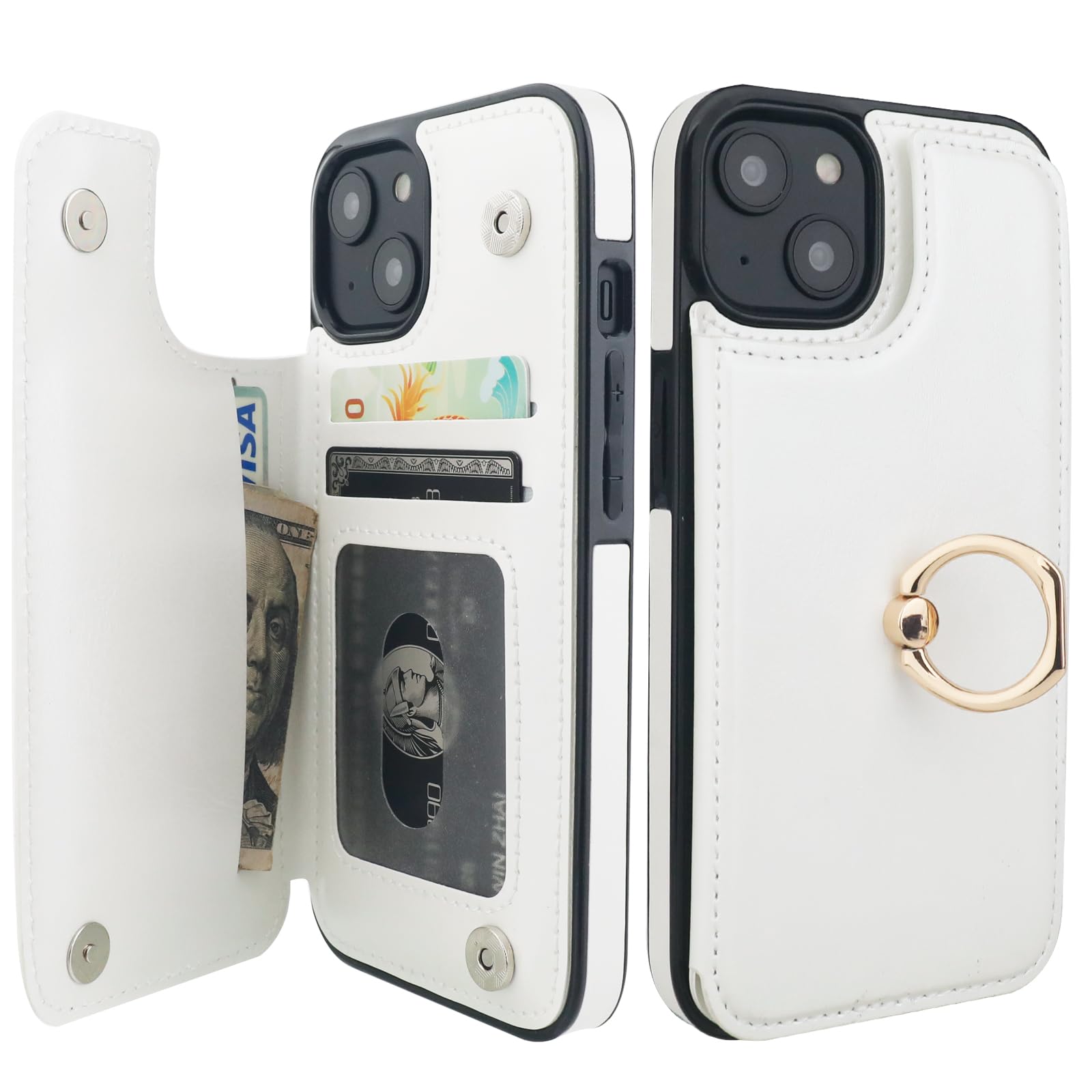 Onetop for iPhone 14 Wallet Case with Card Holder, 360° Rotation Ring Kickstand RFID Blocking PU Leather Double Magnetic Clasp Shockproof Cover for Women and Girls 6.1 Inch (White)