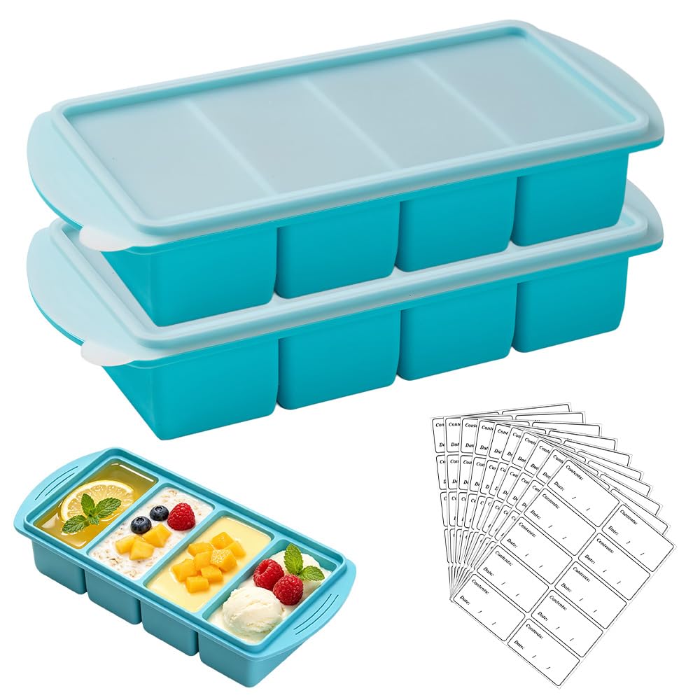 2 Pcs Silicone Freezer Tray with Lid, 1000ML Soup Freezer Container Molds, Large Ice Cube Tray with Ten Content Storage Stickers, 4-Compartment, for Meal Prep, Storing Soups, Sauces, Blue