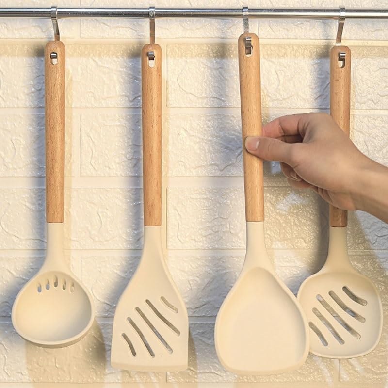 Kitchen Wooden Spatula Soup Spoon Silicone Stir Frying Cooking Kitchenware Set