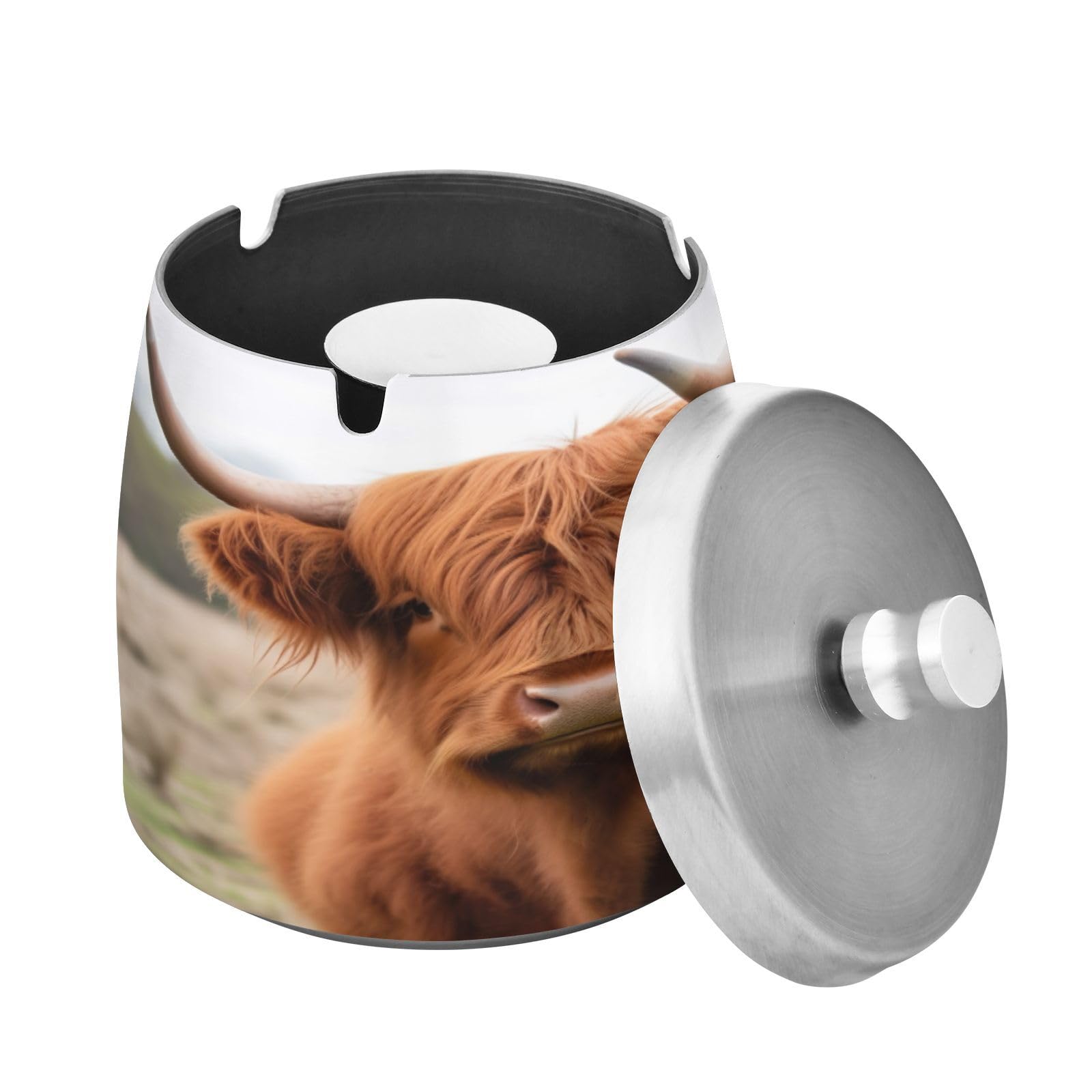 SKYSHU Highland Cow Ashtray with Detachable Lid and Anti-Skid Pad, Scrath-Resistant Stainless Steel Cigarette Ashtray Smokeless Odorless Windproof Cigar Ash Tray for Smoker Indoor Outdoor Use