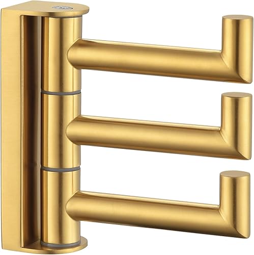 Angle Simple Swivel Towel Hook 3 Arms, SUS 304 Stainless Steel Foldable Bathroom Robe Towel Hook, Wall Coat Holder, Matte Black(Brushed Gold,1 Pack)