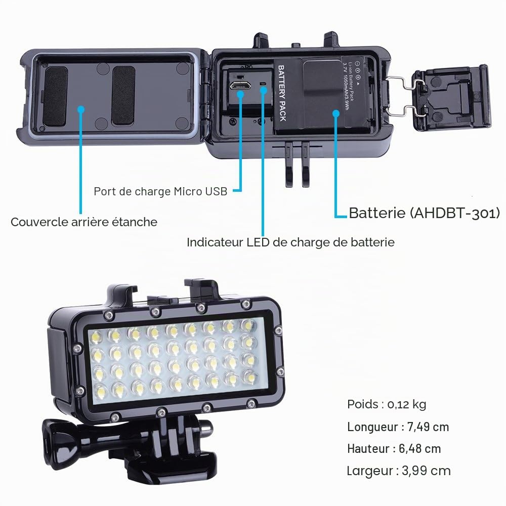 Suptig Phares de plongée, phares sous-marins, DEL étanches, lampes vidéo, étanches 45 mètresCompatible avec les autres caméras d'action de Gopro hero 13/hero 12/hero 11/10/9/8/7/6/5/4/3/3+, Akaso, Dji