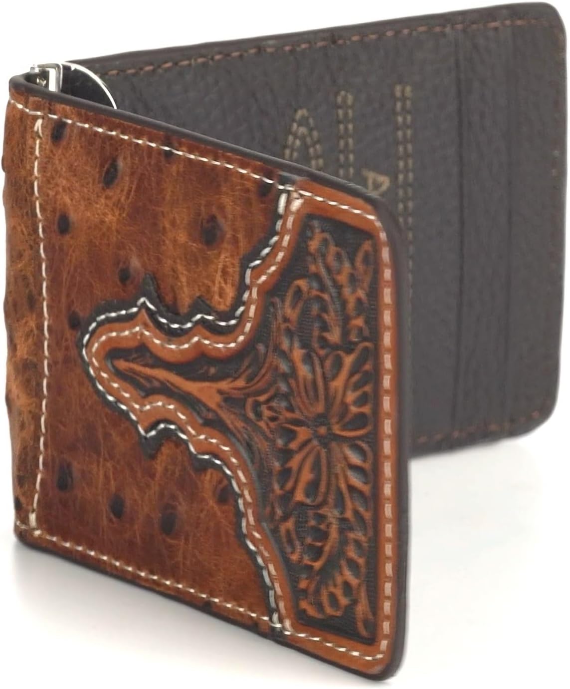 ARIAT Western Wallet Mens Bifold Ostrich Embossed Slim Brown A3553302 - Image 3