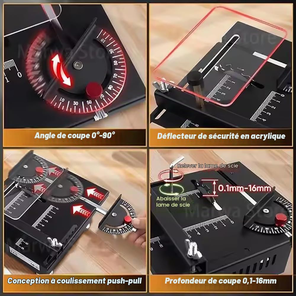 Mini scie de table,Mini Scie Circulair de Table,Mini Table scie ponceuse à bande,96w,Vitesse :9 000r/min,0-90°/15 mm Angle Réglable Scie avec Volet de Sécur,pour modélisme, entreprises artisanales