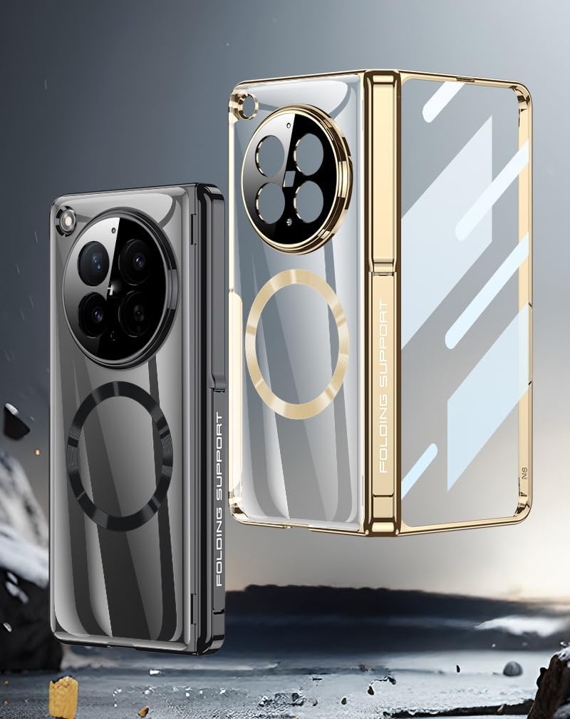 Compatible with Oppo Find N6 2026 Clear Magnetic Hinge Case,Luxury Plating All-Inclusive Shockproof Full-Body Protective Hinge Stand Case Kickstand Cover (Black, Privacy Film)