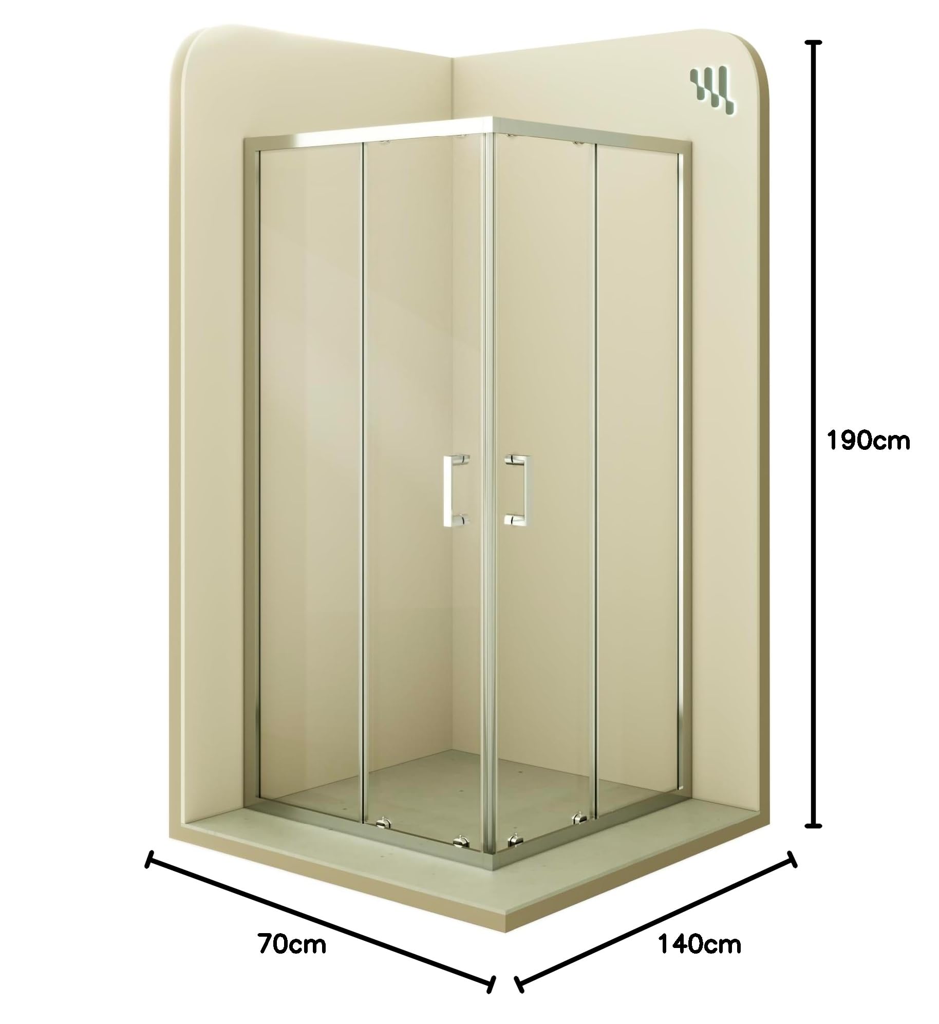 Mampara de Ducha Diana 70x140x190cm, REVERSIBLE, Puertas Correderas, Ajuste 67.5-69.5x137.5-139.5cm, Perfiles Cromados, Cristal Templado Transparente 6mm