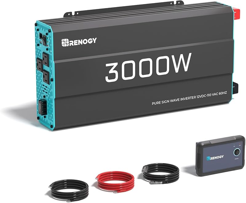 Renogy Inversor P2 Inversor de onda sinusoidal pura de 3000 vatios, inversor de energía solar para automóvil Convertidor de CA de 12 V a 120 V para RV, camión, camping, respaldo del hogar, exteriores, emergencia, vida fuera de la red, control remoto de 16.4 pies
