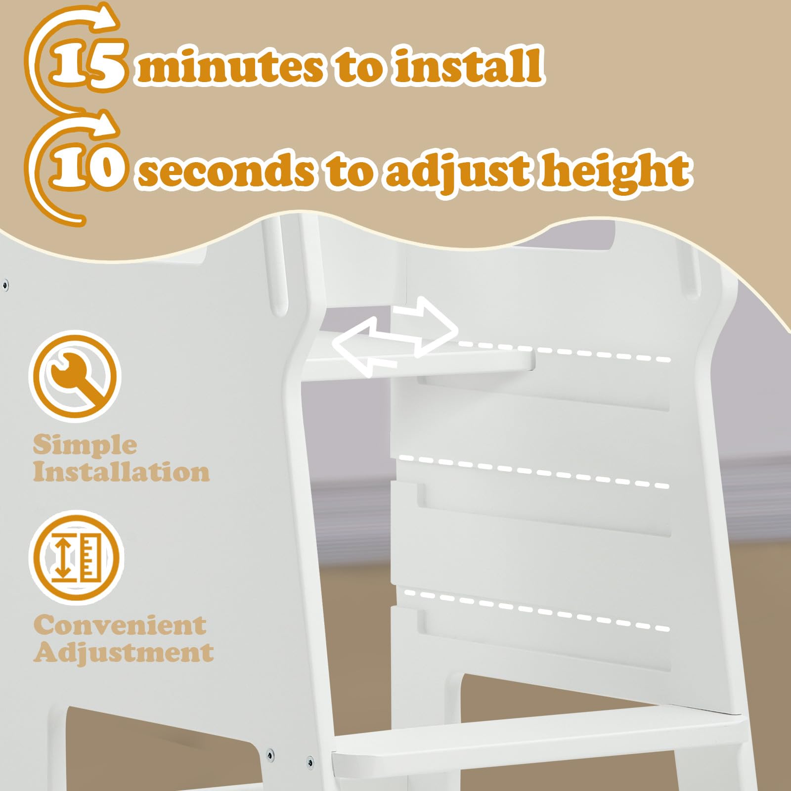 Torre Montessori Per Bambini - Grigio, Regolabile 3 Altezze, Rete Di Sicurezza, Legno Di Pino - Foto 10