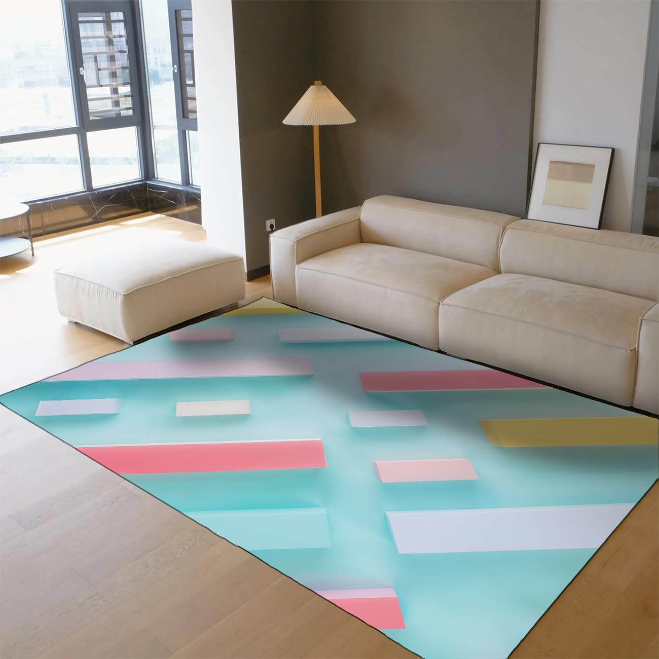 Tapis de salon antidérapant et lavable aux motifs géométriques bleus