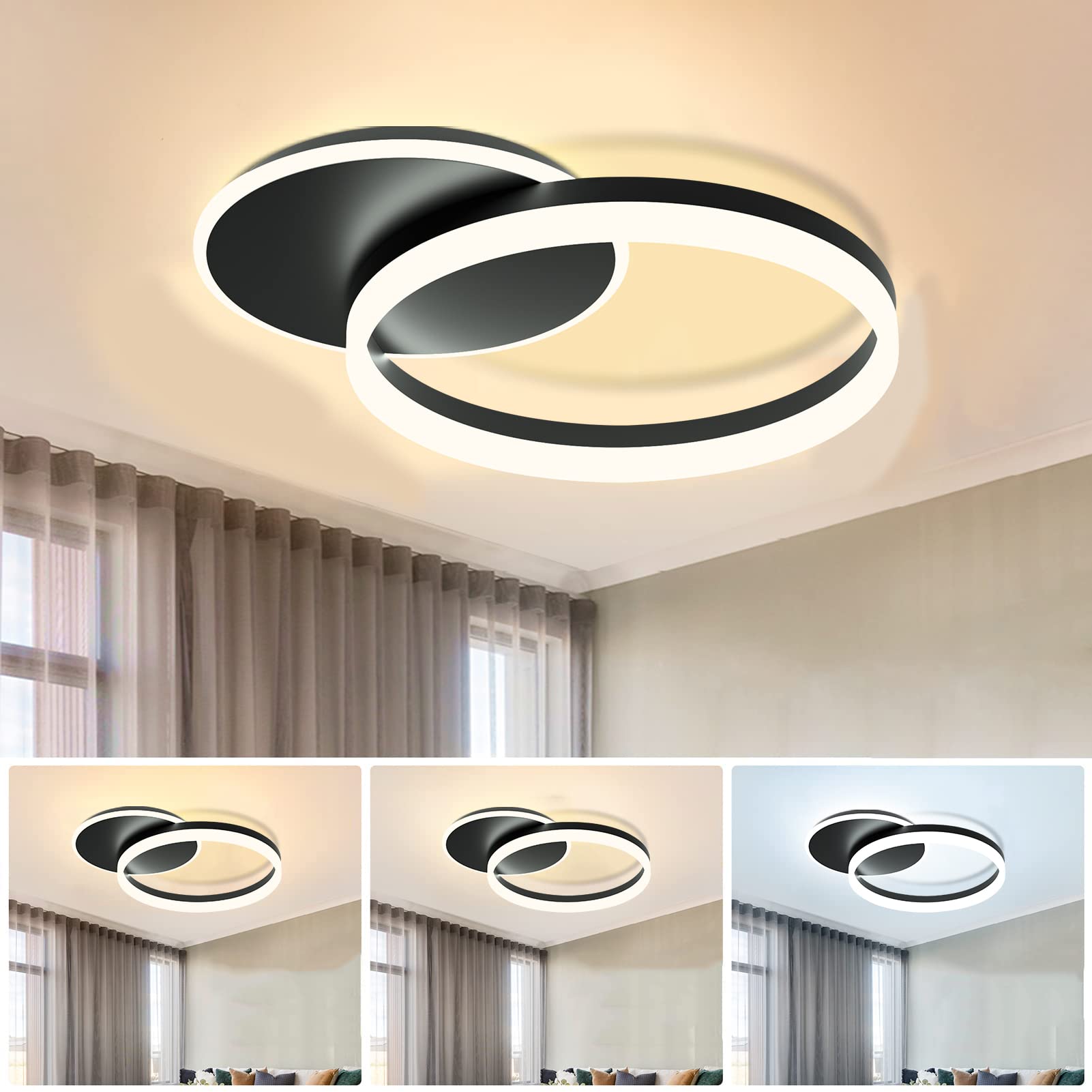 Photo 1 of CANMEIJIA Modern Ceiling Light Fixture, 24W Ring LED Flush Mount Ceiling Light 3 CCT (3000K/4000K/6500K) Black Ceiling Lamp for Living Room, Kitchen, Bedroom, Dining Room, Hallway, Office