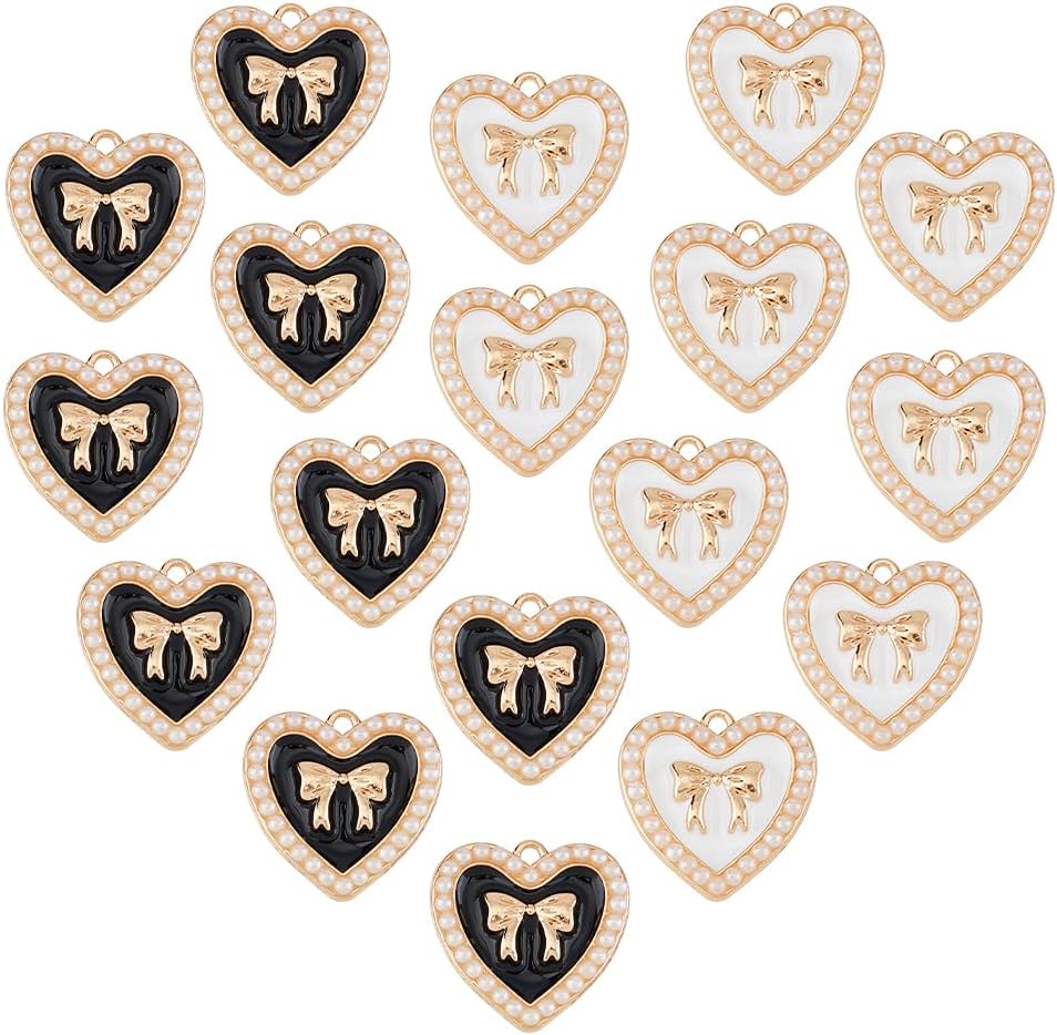 SUPERFINDINGS 20Pcs 2Colors Light Gold Heart with Bowknot Charm Tone Alloy Enamel Bow Pendants Rhinestone Bowtie Charms with Plastic Imitation Pearls for Handmade Jewelry Making Crafts, 21x21mm