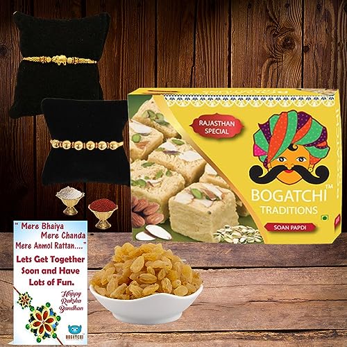 BOGATCHI-Rakhi-with-Sweets-for-Brother-Traditional-Soan-Papdi-200gm-with-2-Rakhi-Natural-Raisins50g-Roli-Chawal-Free-Rakhi-Greeting-Card
