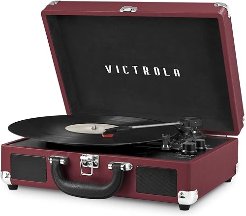 Victrola Tocadiscos portátil de maleta estilo vintage, 3 velocidades, conexión Bluetooth, altavoces integrados, incluye púa extra, marrón, modelo