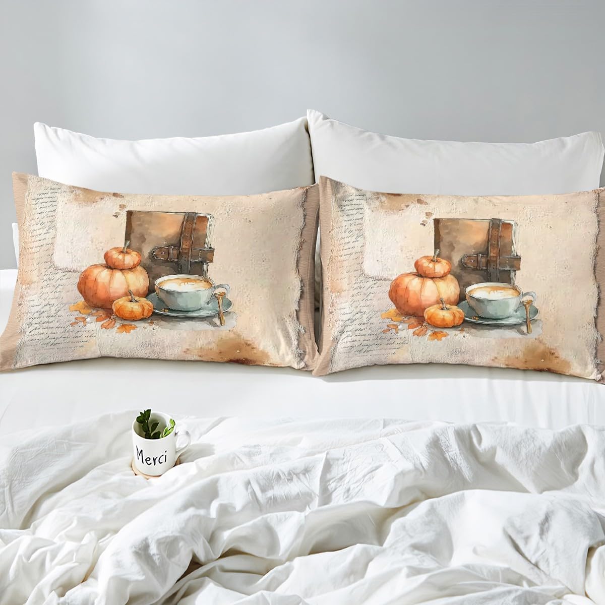 Erosebridal Fall Orange Pumpkin Duvet Cover King Size Autumn Harvest Comforter Cover Vintage Coffee Book Bedding Set Retro Holiday Bed Set