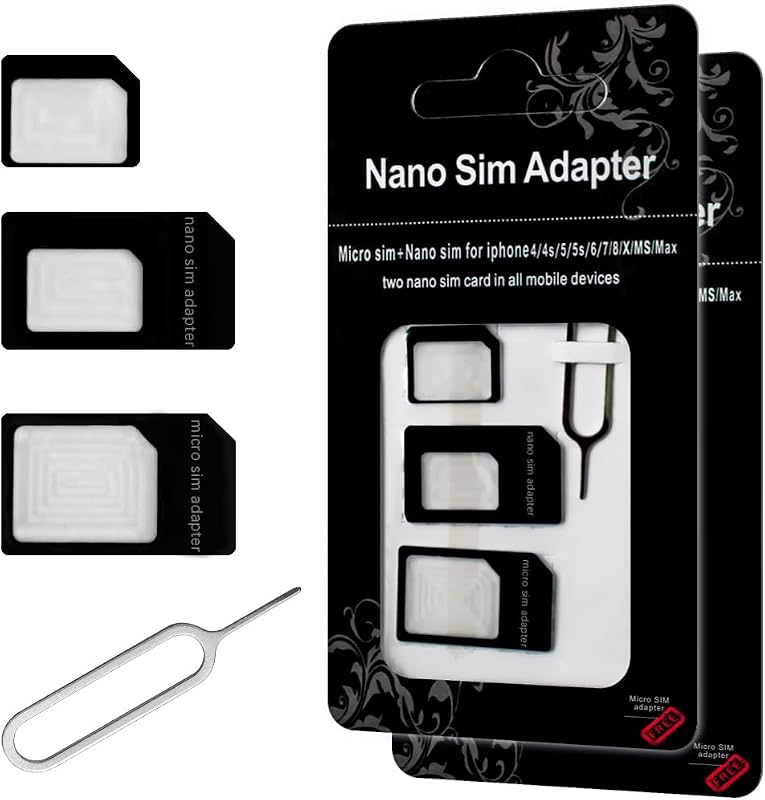 Paquete de 2 adaptadores de tarjeta Nano SIM, kit convertidor Nano a Micro SIM/estándar con pin de expulsión de bandeja para iPhone, teléfonos inteligentes Android y dispositivos Mifi Hotspot.
