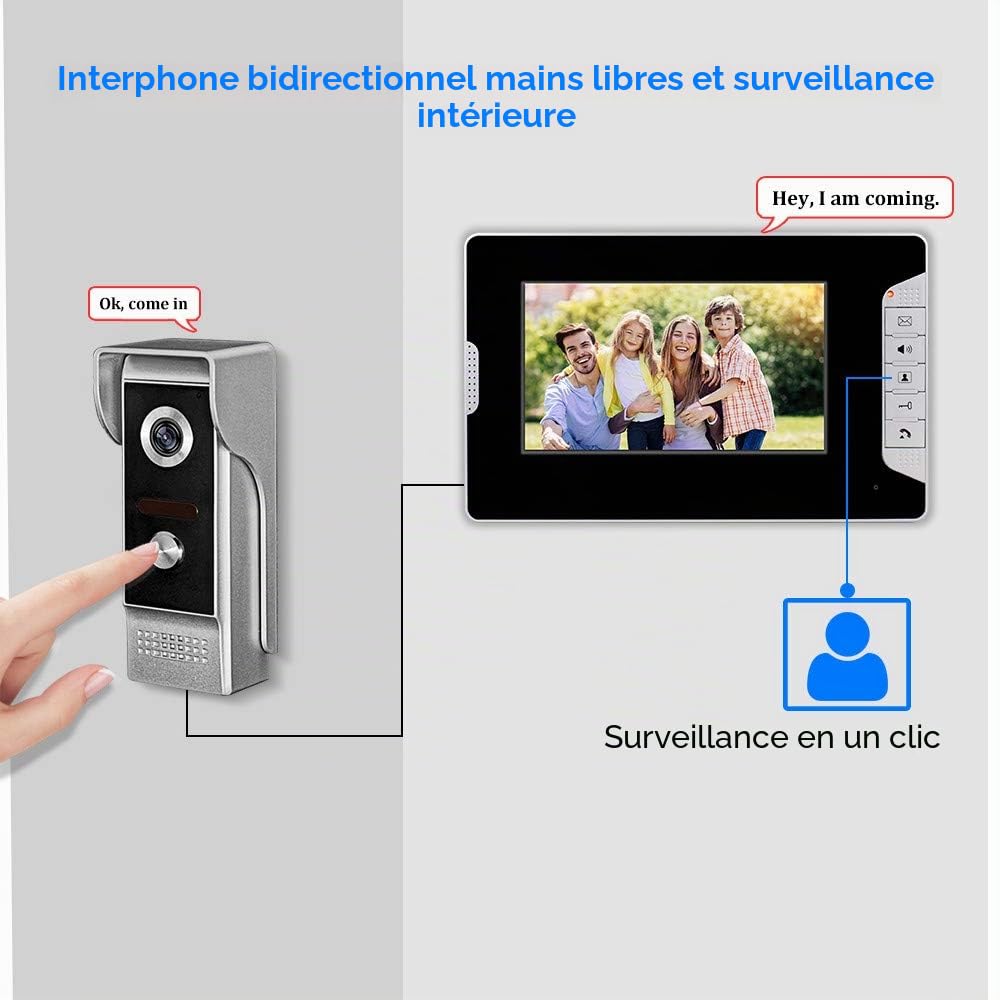 Interphone Filaire 7pouces,Caméra à Vision Nocturne 110-240V, écran LCD TFT, Déverrouillage, Surveillance,Interphone Bidirectionnel pour Villa,Maison,Bureau, Appartement