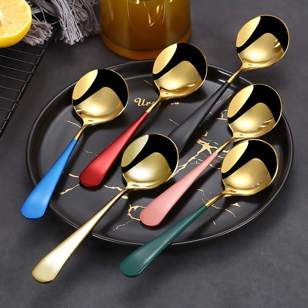 6 Cucchiai Da Minestra In Acciaio Inox Con Manico Colorato, Cucchiai Da Riso Eleganti