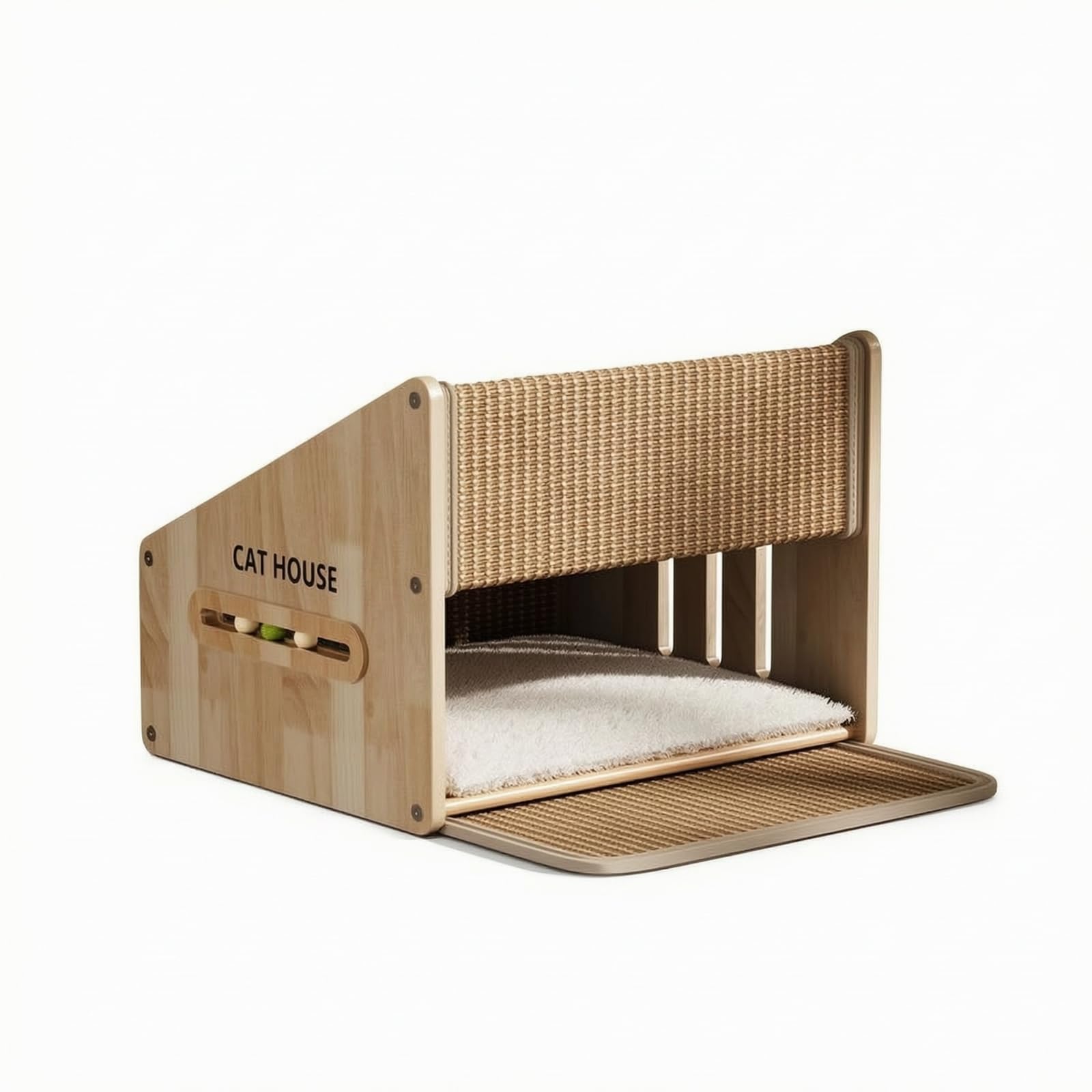 Tiragraffi in Legno Cuccia Traspirante per Gattini, Cuccia Per Gatti Chiusa Con Tetto Inclinato In Sisal