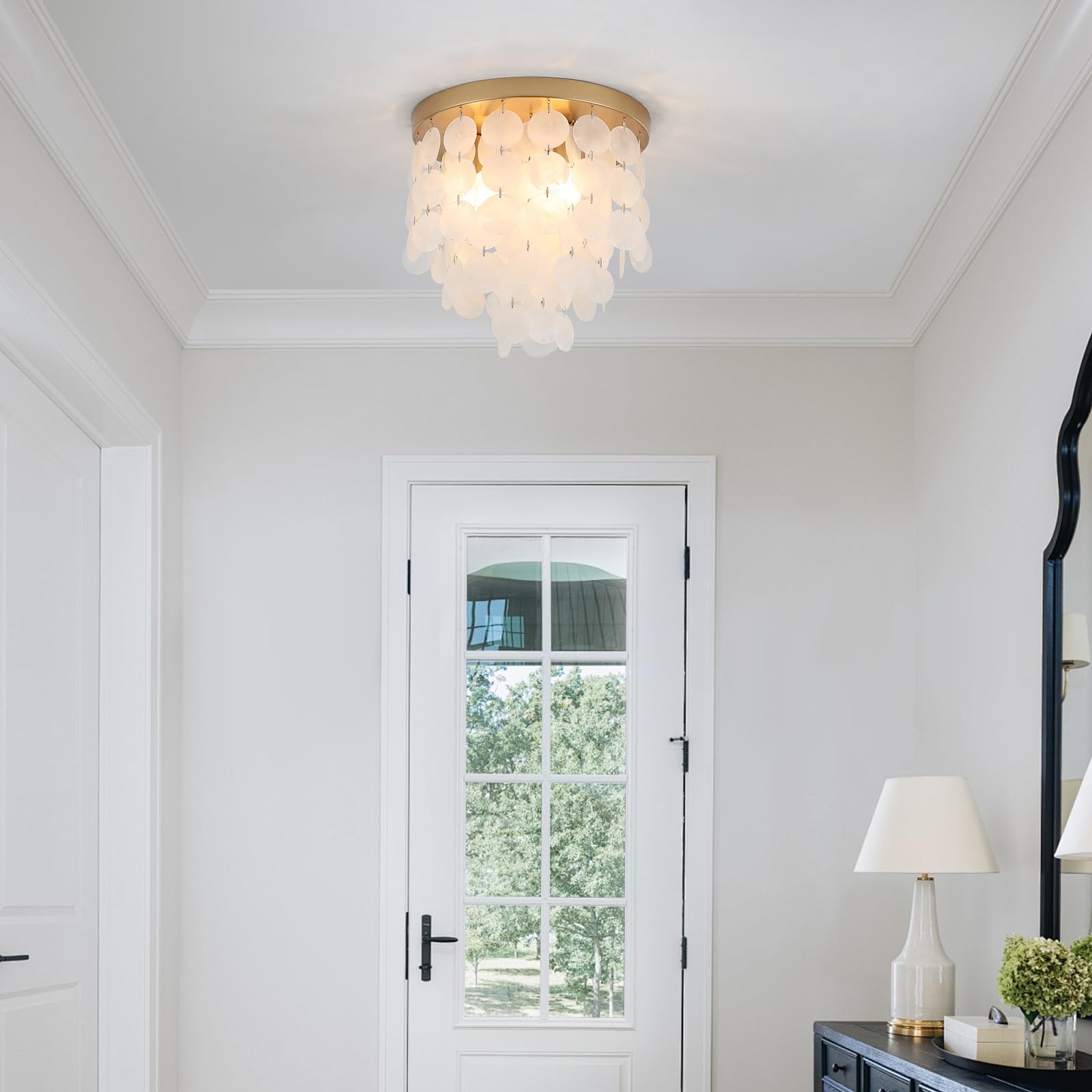 Moderne Deckenleuchte Gold, Capiz-Muschel-Kronleuchter-Deckenleuchten, 3-Flammige Deckenleuchte mit Dimmbarer E14-Fassung, Deckenleuchten für Schlafzimmer, Esszimmer, Flur