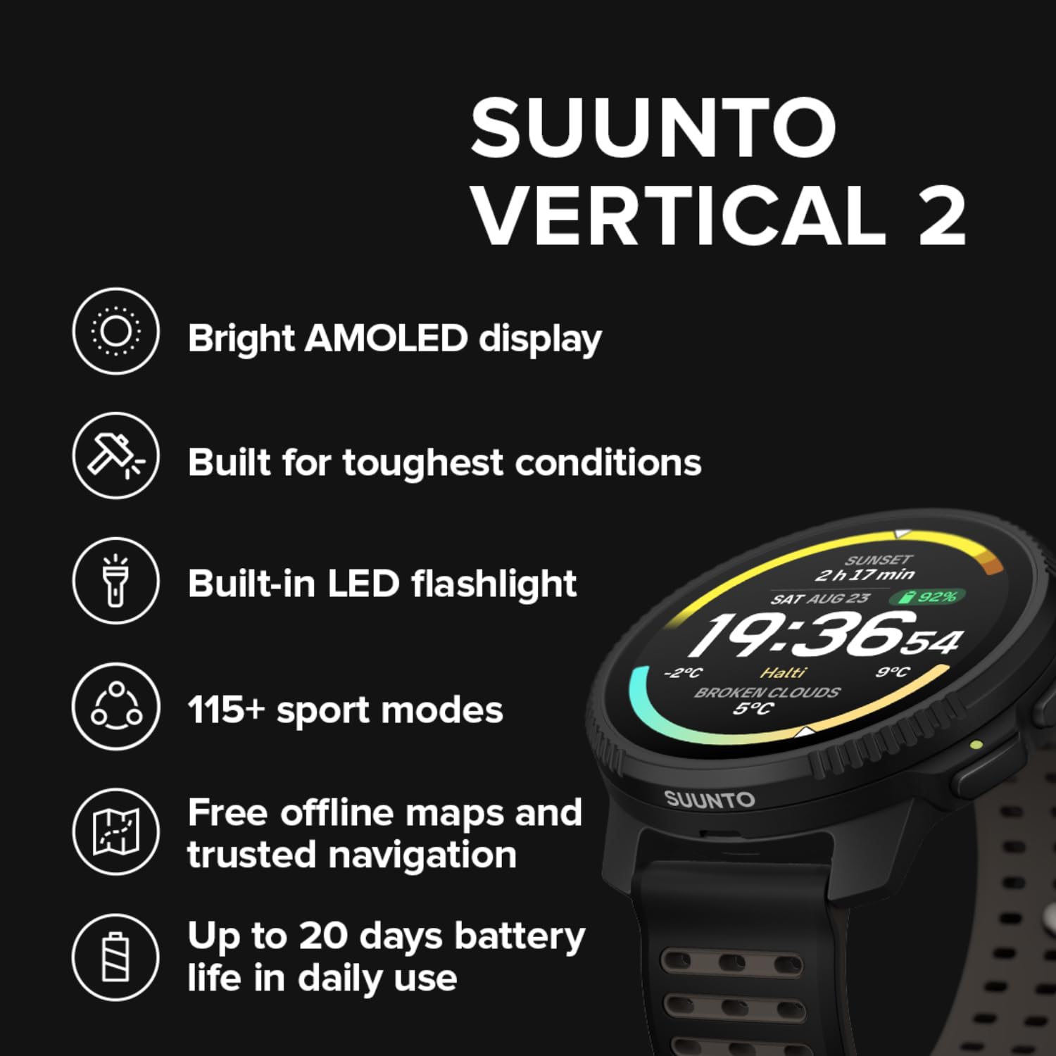 SUUNTO Vertical 2 GPS Sport Watch, Bright 1.5” AMOLED Touchscreen, LED Flashlight, 20-Day Battery Life, Offline Maps, Training Metrics & Recovery Insights, Dual-GNSS, 115+ Sport Modes, Black