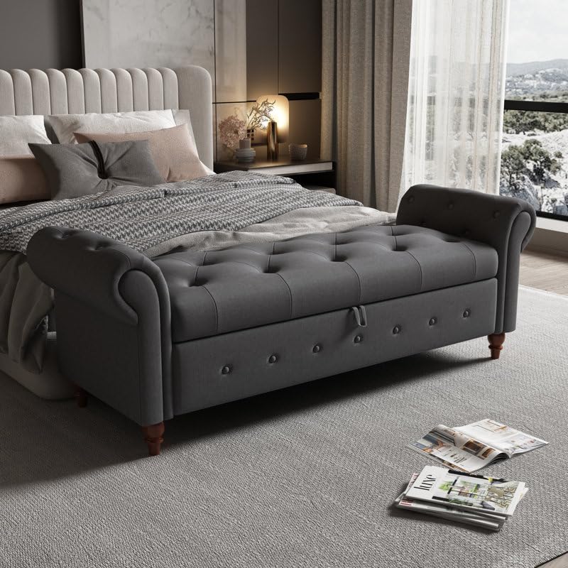 Majestic Mart 50" Button Tufted Storage Ottoman Bench for Bedroom End of Bed with Rolled Arm, Solid Wood Legs | 2-Seater Sofa | Couch | Settee | Diwan | Premium Velvet Ottaman for Living Room (Grey)-image-31
