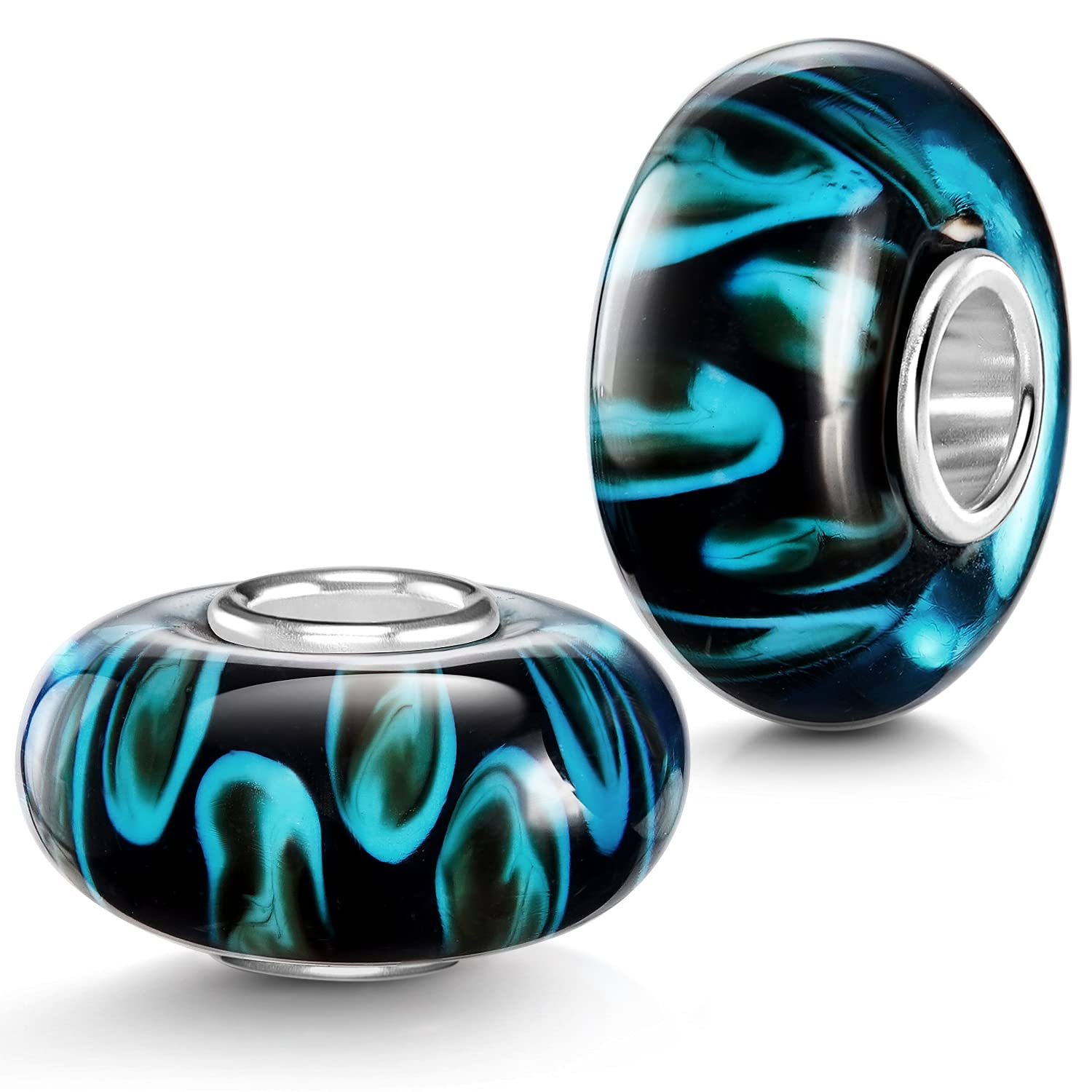 Materia biżuteria szkło Murano Beads czarny niebieski element - srebro 925 szkło zawieszka do bransoletki Beads #953