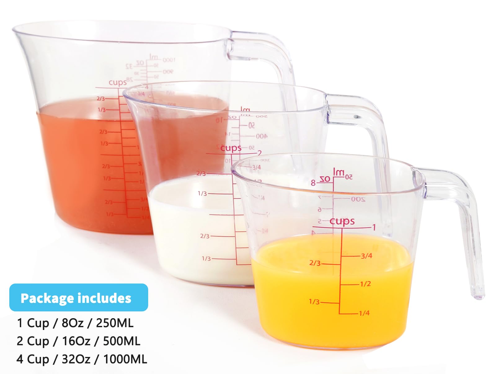 Recogwood 3-Piece Nesting Measuring Cups Set, BPA-Free Plastic Liquid Measuring Cup for Kitchen Cooking - Includes 1, 2, and 4 Cup with ML and Oz Measurement