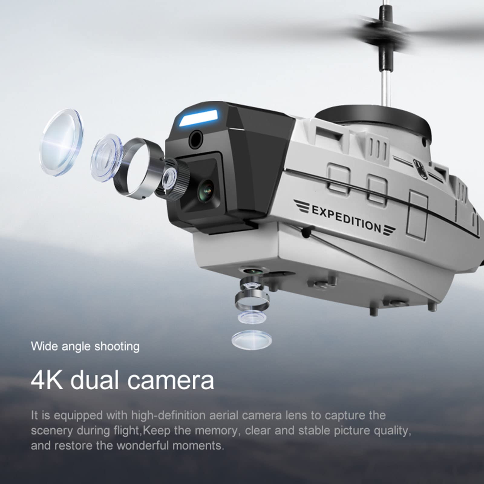 Helicopteros Teledirigidos RC Mini Drone Helicoptero Juguete Hélice única sin alerones Estabilización de giroscopio de 6 Ejes con 4K Lente Frontal + 1080P Lente Inferior para Evitar obstáculos (A)