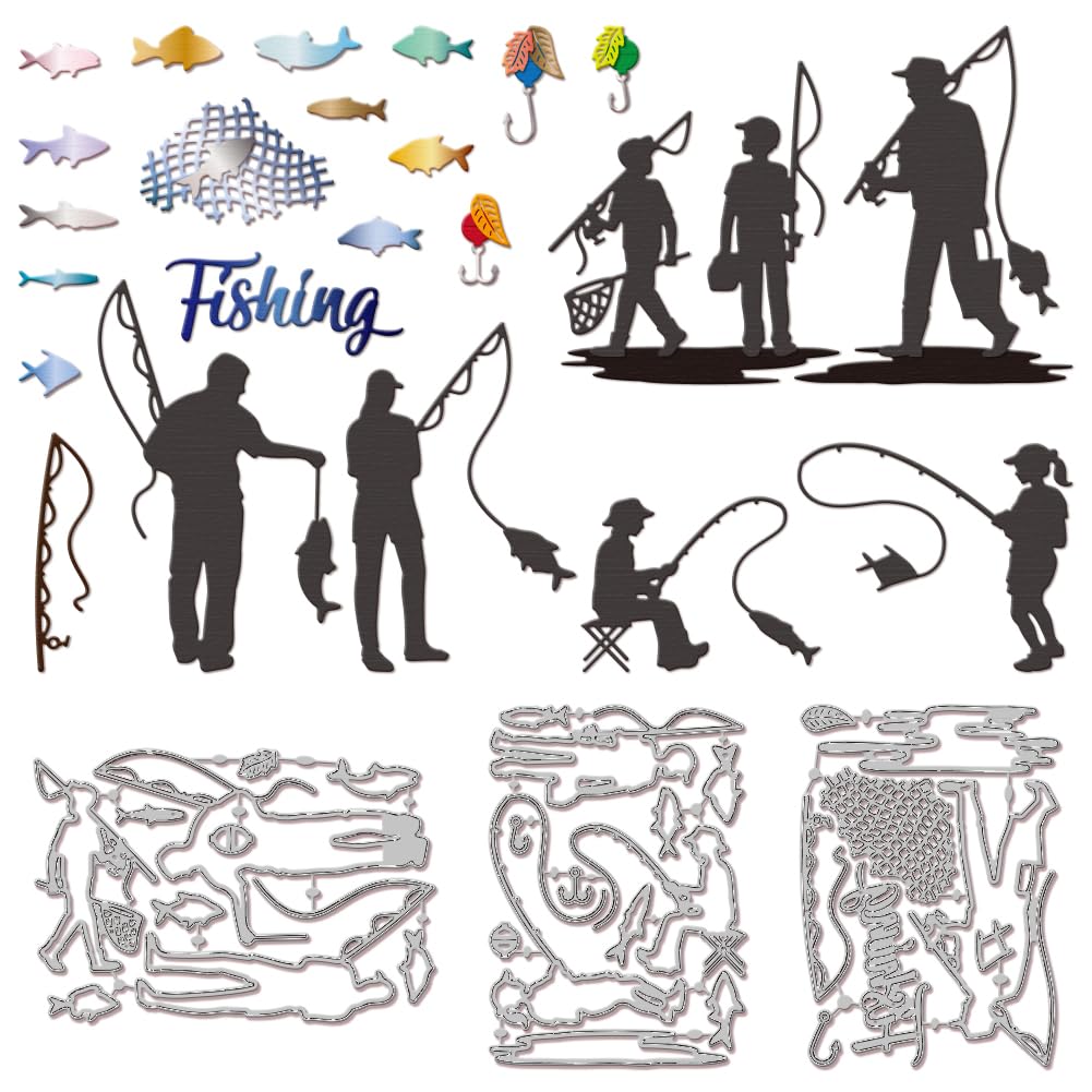 GLOBLELAND Family Fishing Cutting Dies Metal Different Fish Die Cuts Fishing Net Background Cutting Embossing Templates for Scrapbooking Crafts Paper Cards Making