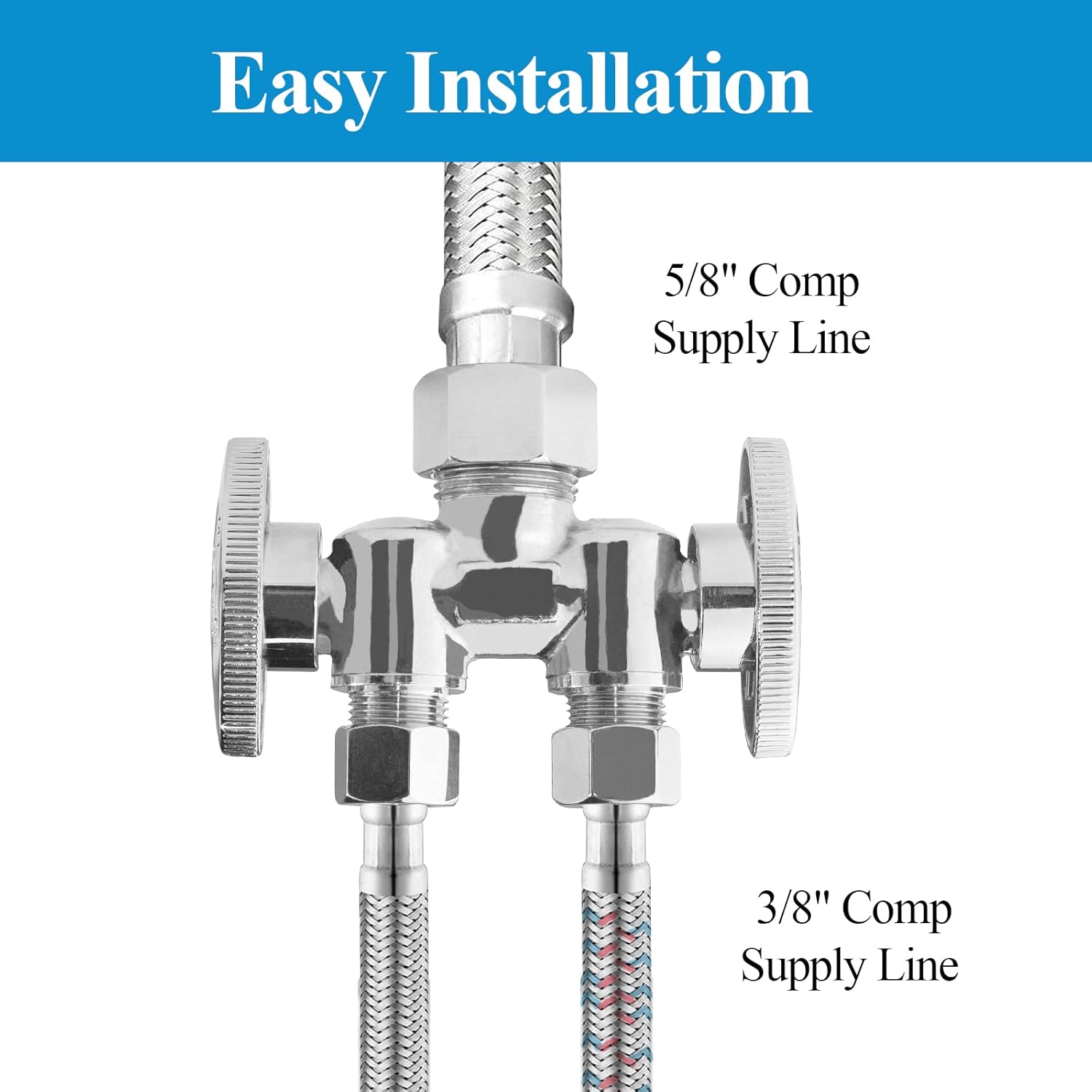 WiseWater 1/2" NOM (5/8" OD) x 3/8" OD x 3/8" OD Compression Dual Shut Off Valve, Chrome Plated Brass 1/4 Turn Double Straight Stop for Refrigerator, Ice Maker, Coffee Brewers, Water Filters (2 Pack)