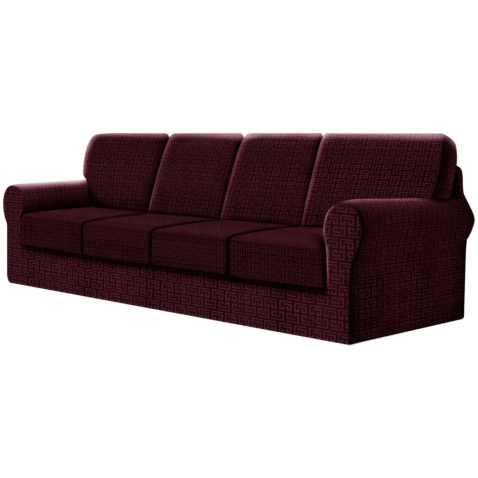 SYLC Fitted Sofa Cover 4 Seater, 9 Piece Sofa Slipcover With 4 Seat Cushion Covers And 4 Backrest Covers, Settee Covers Stretch Velvet Anaglyph(Wine Red,X-Large Sofa - 9 PCS)