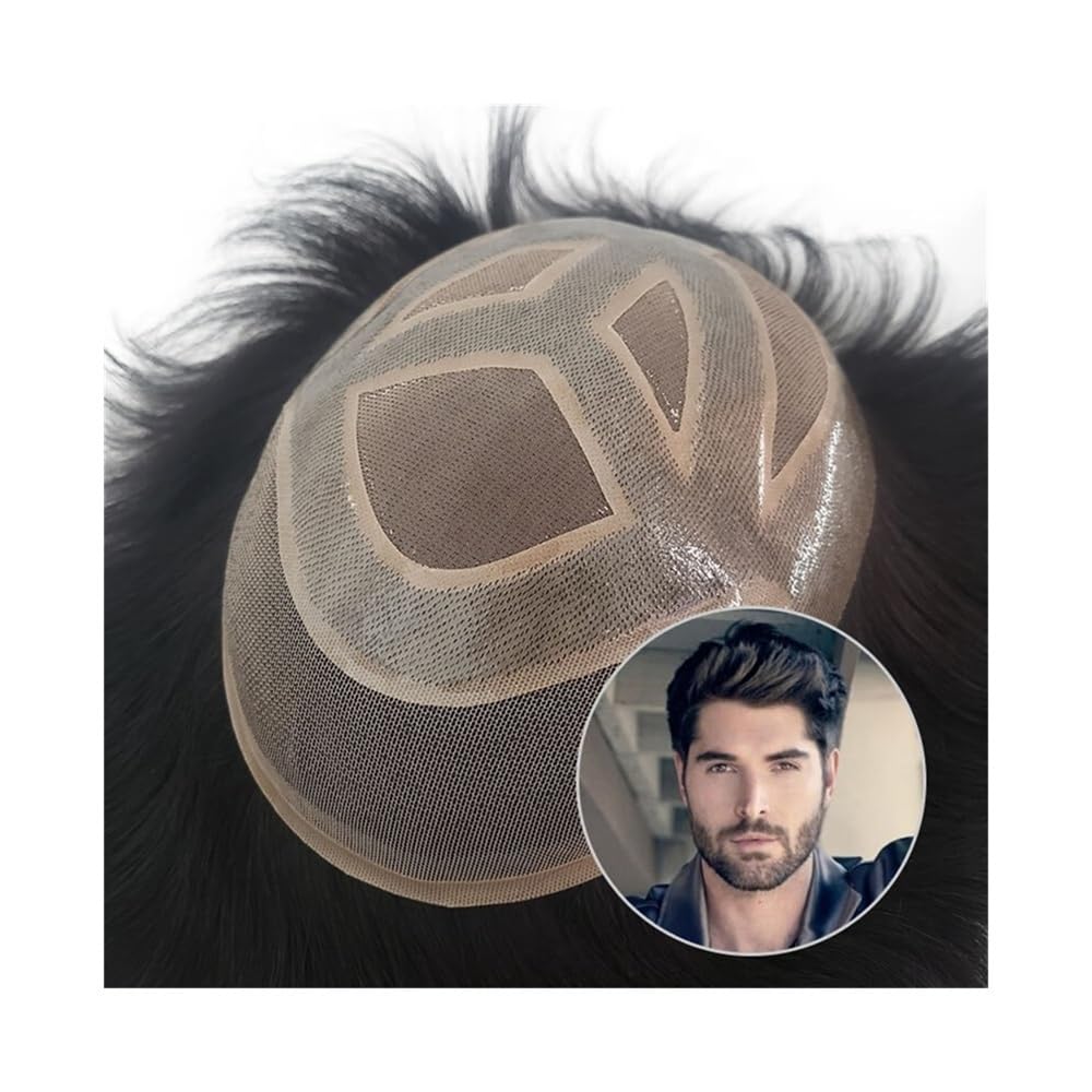 Men's Toupee Parrucca da uomo in capelli umani, traspirante, mono superiore, con perimetro in PU, frontale in pizzo svizzero(2#,6x9)