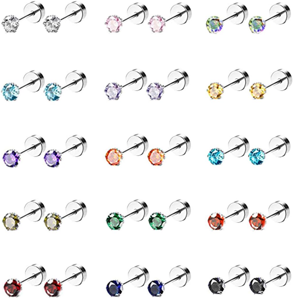 15 Pairs 20G 316L Stainless Steel CZ Stud Earrings for Women Men Cartilage Screwback Earring Set 2-6mm