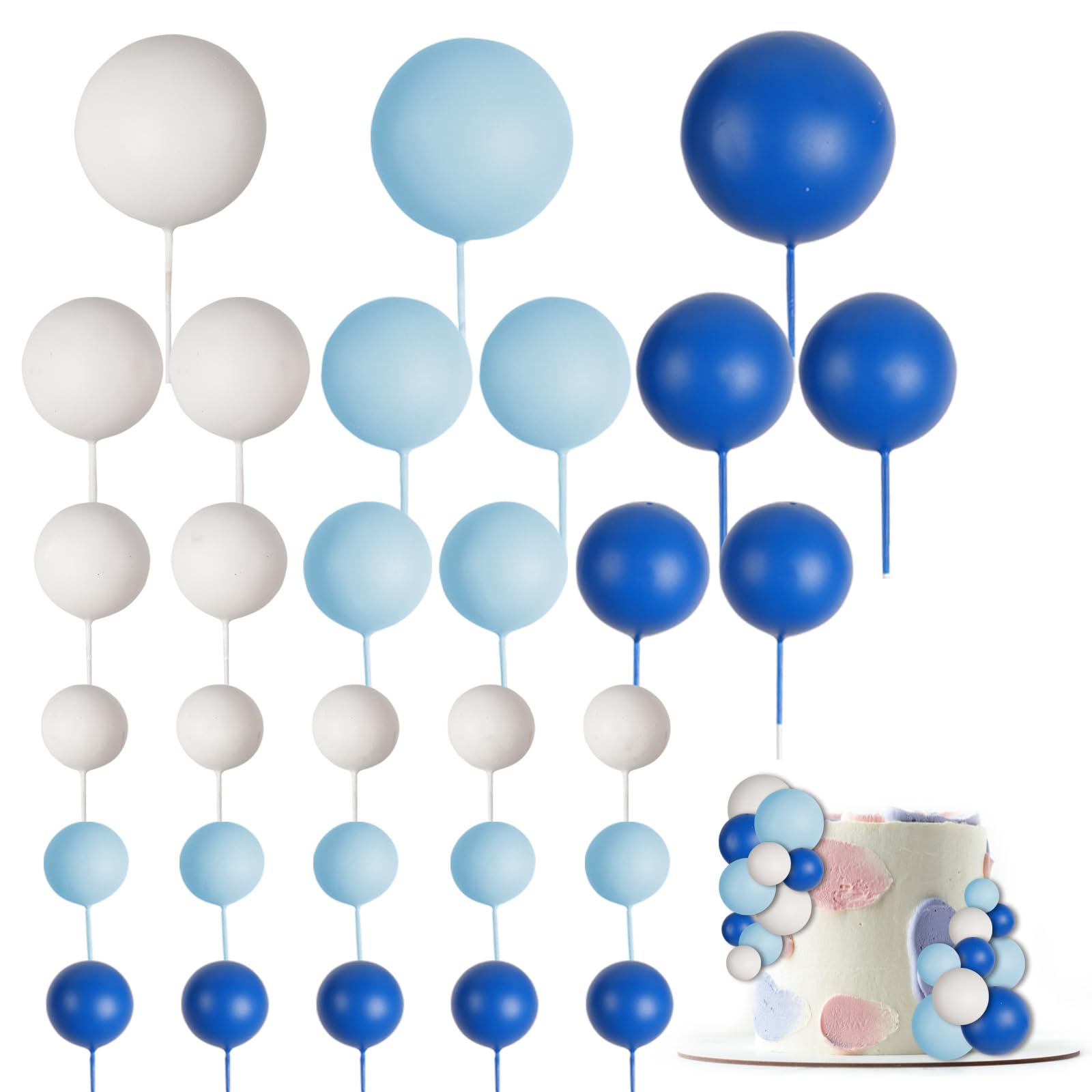 30 PCS Balls Cake Topper DIY Cake Insert Toppers Ball Cake Picks Cupcake Topper for Birthday Party Baby Shower Wedding Cake Decoration(Blue White Dark Blue)