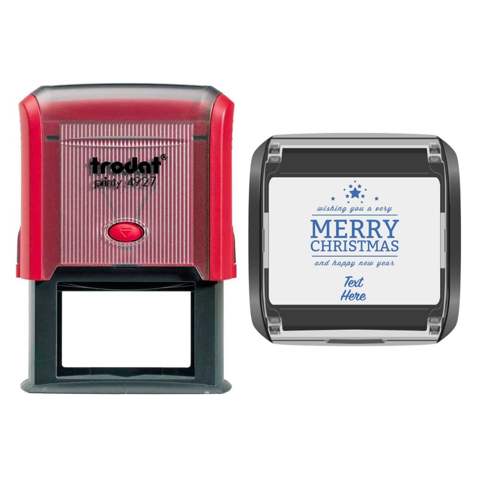 Trodat 4927 Personalised Christmas Card Message/Label Self Inking Rubber Stamp Merry Christmas Happy New Year Star Message in Blue Ink with 2 Lines of Customised Text